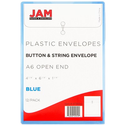 JAM Paper® Plastic Envelopes with Button and String Tie Closure, Open End, 4.25 x 6.25, Blue, 12/Pack (473B1BU)