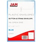 JAM Paper® Plastic Envelopes with Button and String Tie Closure, Open End, 4.25 x 6.25, Blue, 12/Pack (473B1BU)
