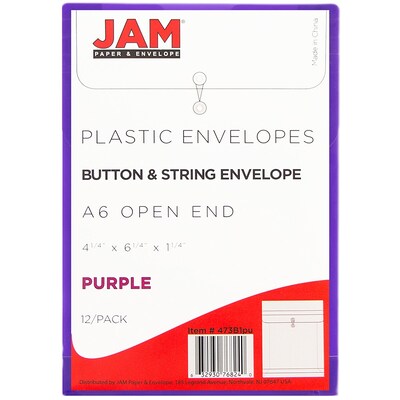 JAM Paper® Plastic Envelopes with Button and String Tie Closure, Open End, 4.25 x 6.25, Purple Poly, 12/pack (473B1PU)