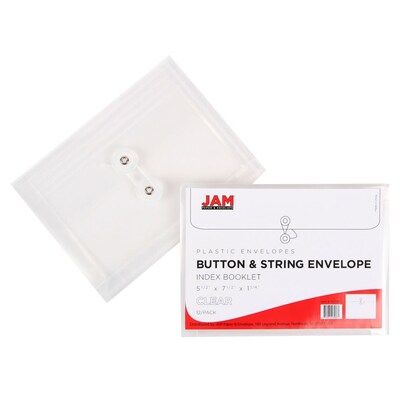 JAM Paper® Plastic Envelopes with Button and String Tie Closure, Index Booklet, 5.25 x 7.5, Clear Poly, 12/pack (920B1CL)