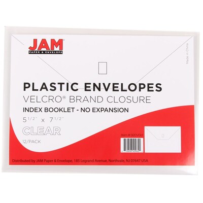 JAM Paper® Plastic Envelopes with Hook & Loop Closure, Index Booklet, 5.5 x 7.5, Clear Poly, 12/Pa