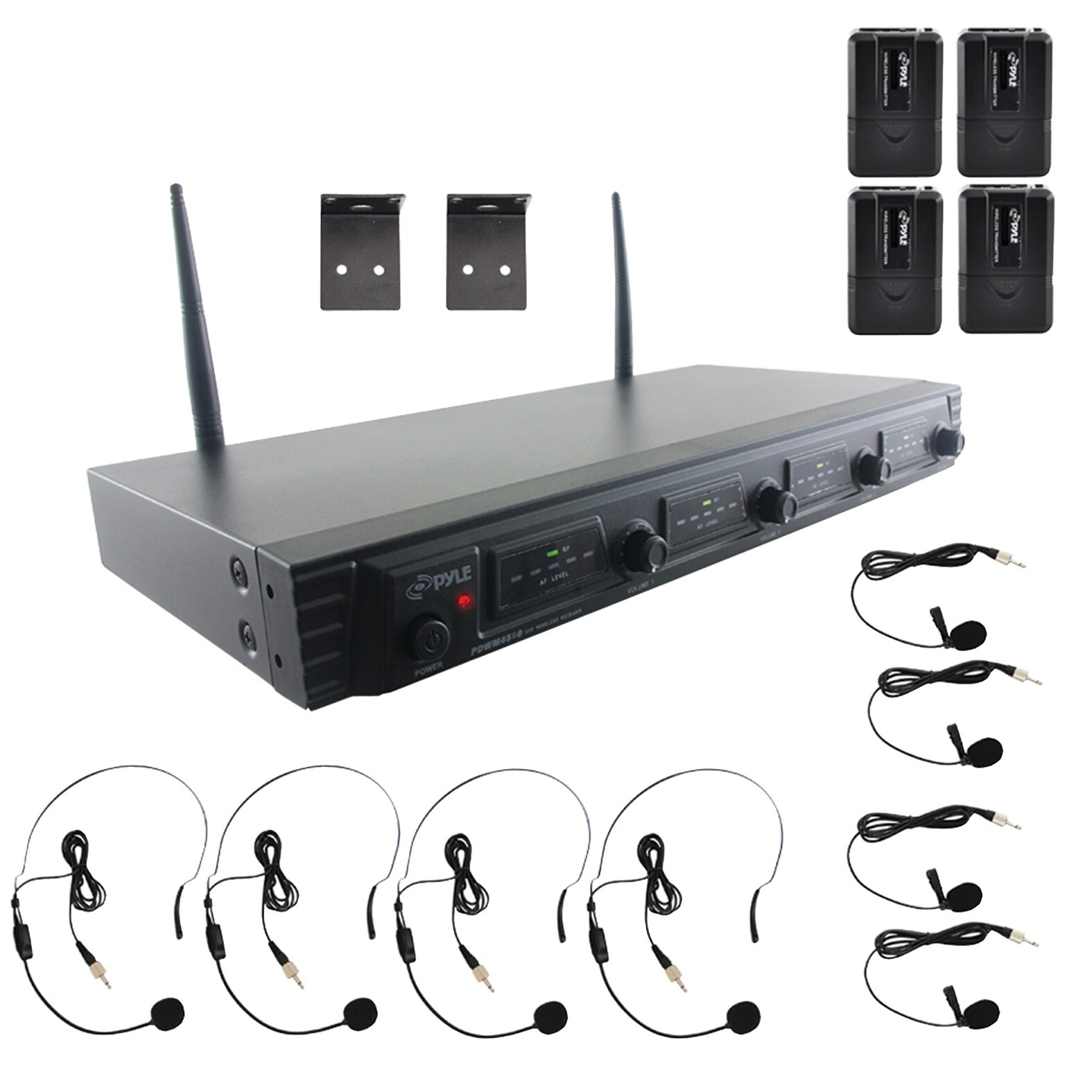 Pyle Pdwm4560 Wireless Microphone System, UFH quad Channel Fixed Frequency (4 Headset & 4 Lavalier Microphones)