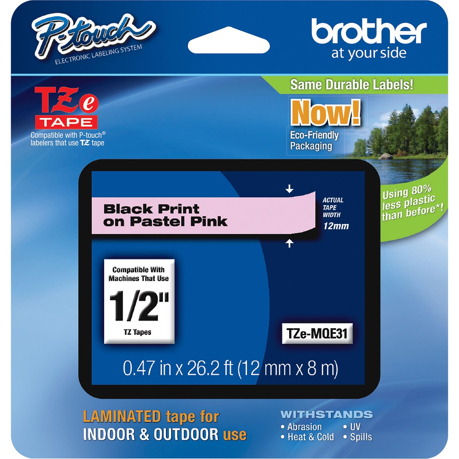 Brother P-touch TZe-MQE31 Laminated Label Maker Tape, 1/2 x 26-2/10, Black on Pastel Pink (TZe-MQE31)