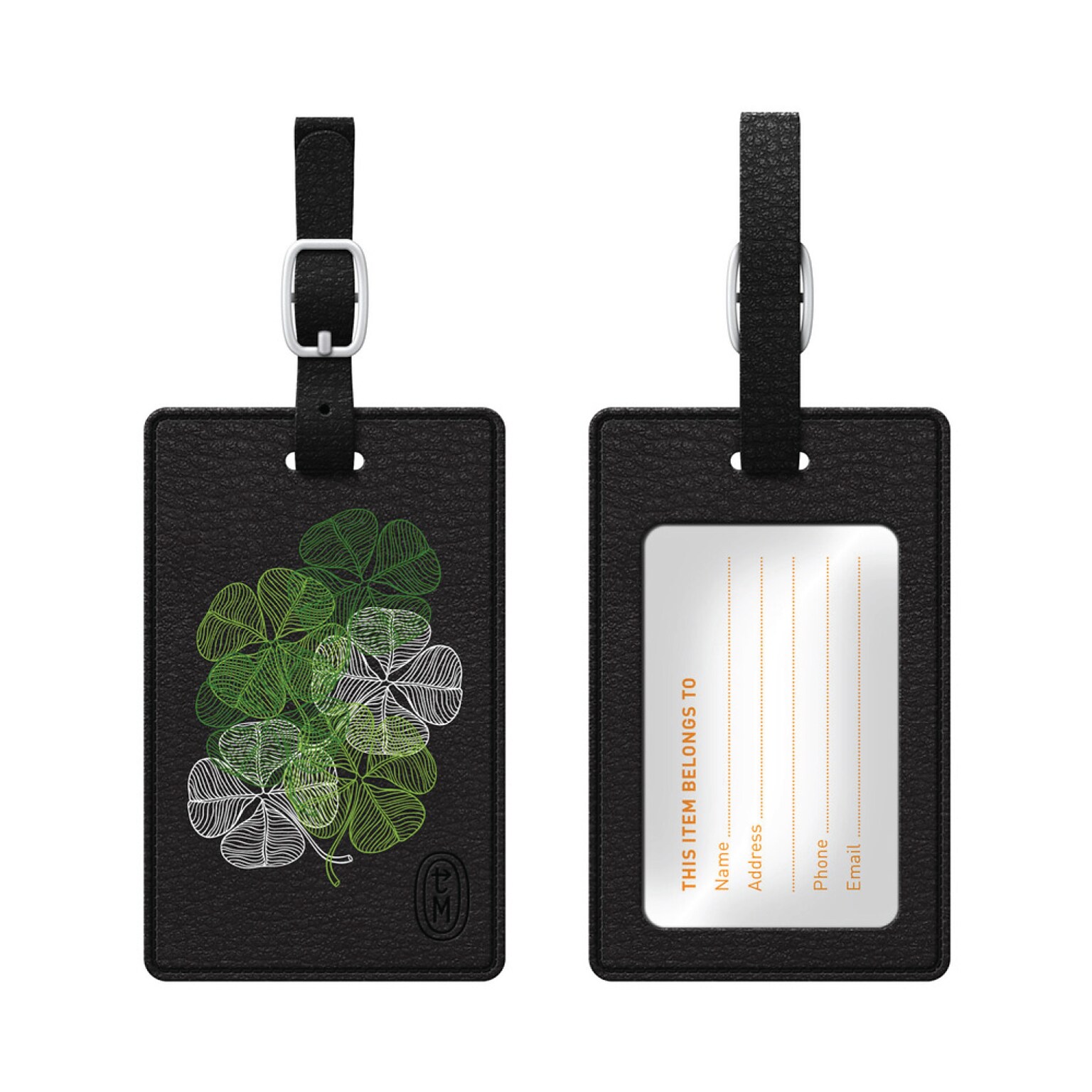 OTM Black Leather Bag Tag, Clovers