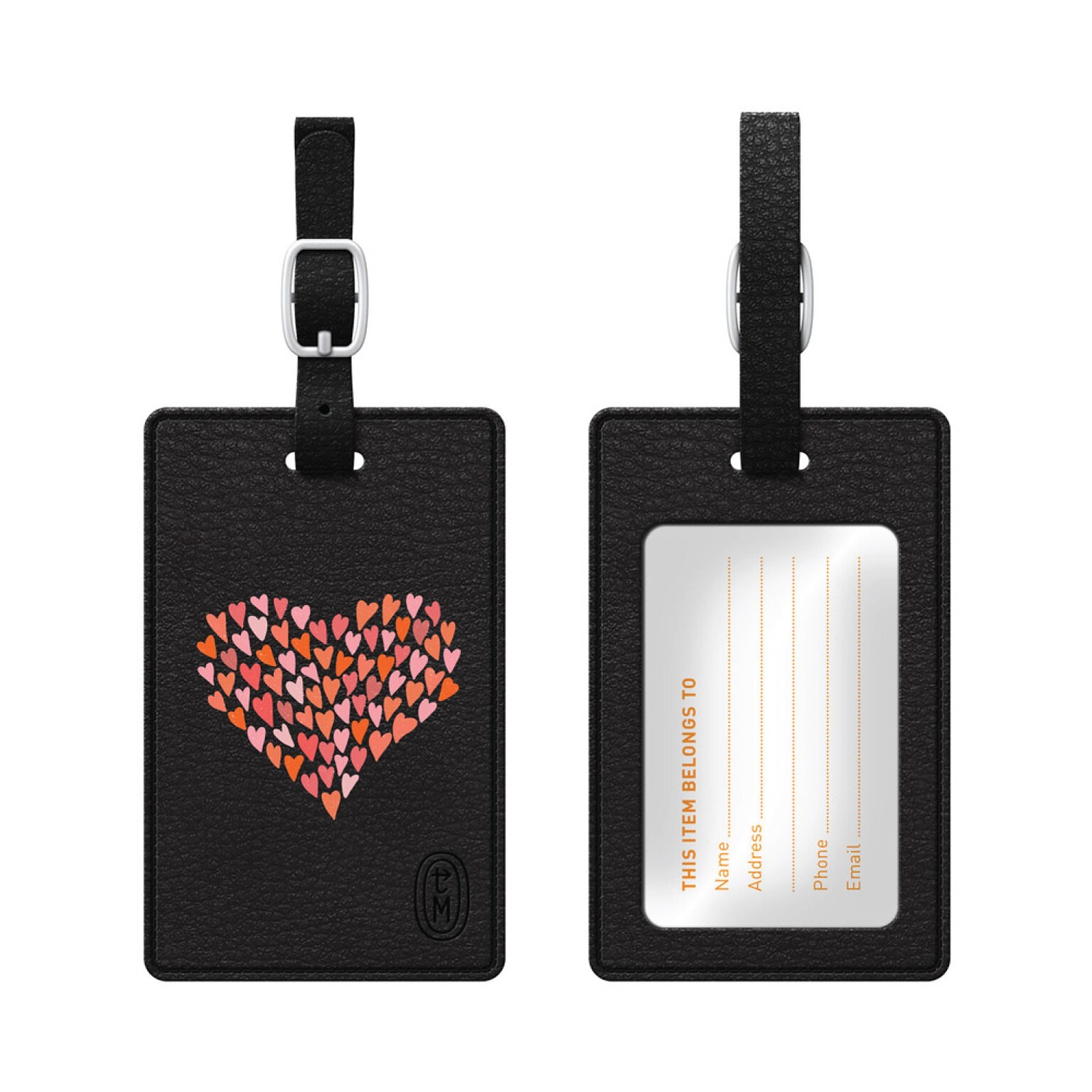 OTM Black Leather Bag Tag, Hearts in Heart