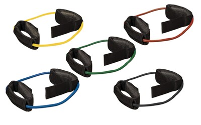 CanDo® Exercise Tubing with Cuff Exerciser; 5-piece set (1 each: yellow, red, green, blue, black)