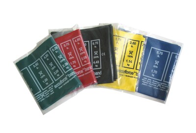 CanDo® AccuForce™ Exercise Band; 4 exercisers, 5-piece set (1 each: yellow, red, green, blue, black)