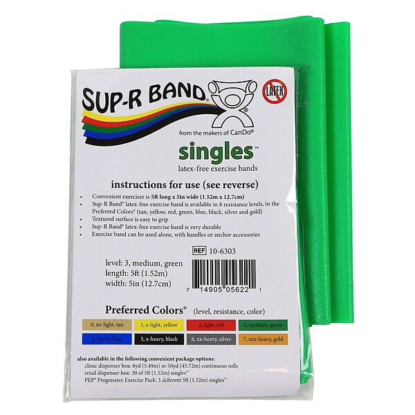 Sup-R Band® Latex Free Exercise Band; 5 foot Singles®, Green - medium