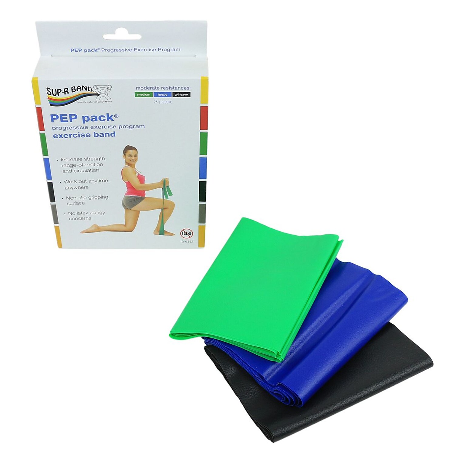 Sup-R Band® Latex Free Exercise Band PEP pack®; 3-piece set (1 each: green, blue, black)