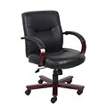 Boss Executive Leather Mid Back Chair W/Mahogany Finished Wood, Black (B8906)