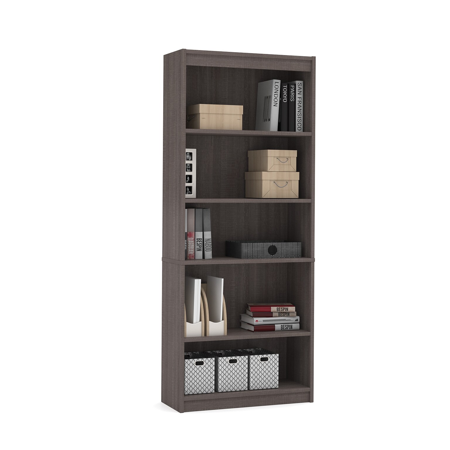 Bestar 72 5-Shelf Bookcase with Adjustable Shelves, Bark Gray (65715-000047)