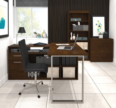 Bestar Solay 59W L-Shaped Computer Desk, Lateral File and Bookcase Bundle, Chocolate (29851-69)