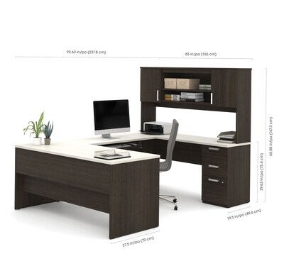 Bestar Ridgeley 65" U-Shaped Desk w/Lateral File & Bookcase, Dark Chocolate/White Chocolate (52850-31)