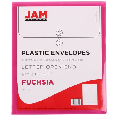 JAM Paper® Plastic Envelopes with Button and String Tie Closure, Letter Open End, 9.75 x 11.75, Fuchsia Pink, 12/Pack (118B1FU)