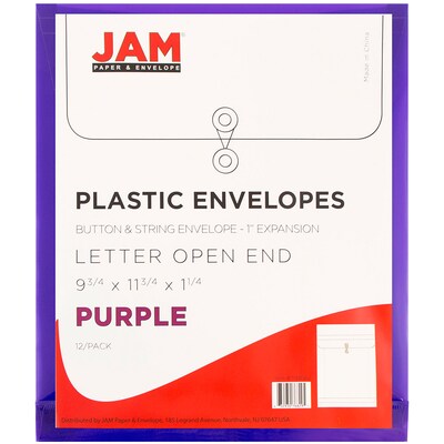 JAM Paper® Plastic Envelopes with Button and String Tie Closure, Letter Open End, 9.75 x 11.75, Purple, 12/Pack (118B1PU)