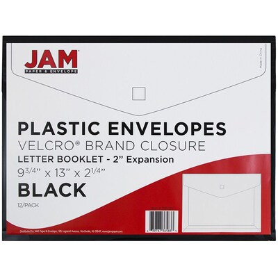 JAM Paper® Plastic Envelopes with Hook & Loop Closure, 2" Expansion, Letter Booklet, 9.75" x 13", Black Poly, 12/pack (218V2BL)