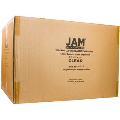 JAM Paper Poly Envelope with Hook & Loop Closure, 2" Expansion, Letter Size, Clear, 12/Pack (218V2CL)