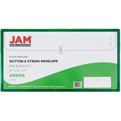 JAM Paper® Plastic Envelopes with Button and String Tie Closure, #10 Business Booklet, 5.25 x 10, Green, 12/Pack (921B1GR)