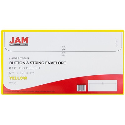 JAM Paper® #10 Plastic Envelopes with Button and String Tie Closure, 5 1/4 x 10, Yellow Poly, 12/pack (921B1YE)