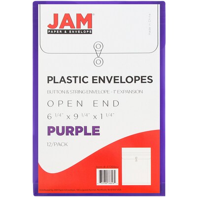 JAM Paper® Plastic Envelopes with Button and String Tie Closure, Open End, 6.25 x 9.25, Purple Poly, 12/pack (472B1PU)