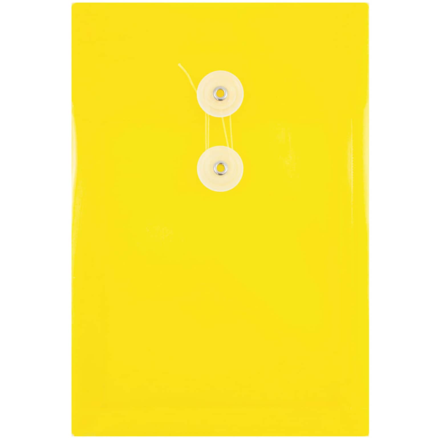 JAM Paper® Plastic Envelopes with Button and String Tie Closure, Open End, 6.25 x 9.25, Yellow, 12/Pack (472B1YE)