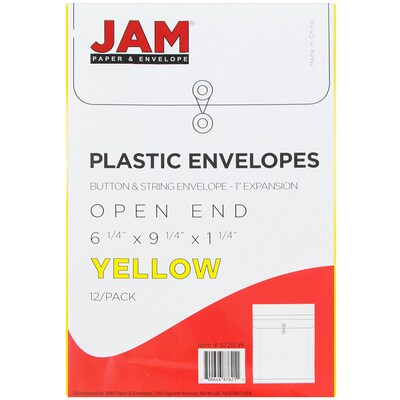 JAM Paper® Plastic Envelopes with Button and String Tie Closure, Open End, 6.25 x 9.25, Yellow, 12/Pack (472B1YE)