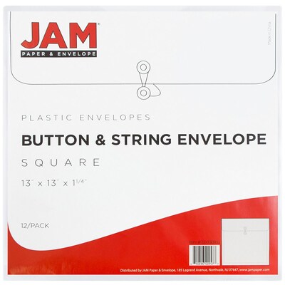 JAM Paper® Plastic Envelopes with Button and String Tie Closure, 13 x 13 square, Clear Poly, 12/pack (1241705)