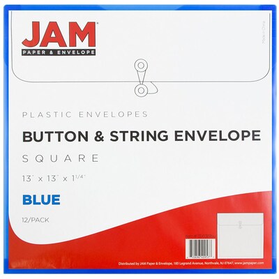 JAM Paper® Plastic Envelopes with Button and String Tie Closure, 13 x 13 square, Blue Poly, 12/pack (1241709)