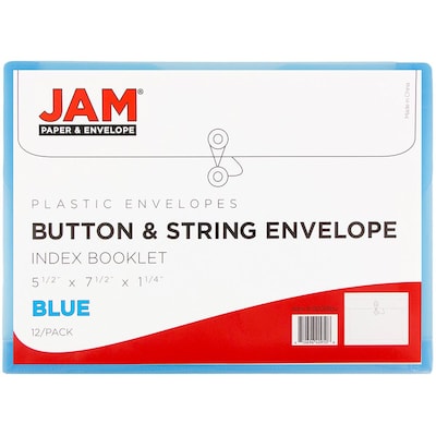 JAM Paper® Plastic Envelopes with Button and String Tie Closure, Index Booklet, 5.5 x 7.5, Blue, 12/Pack (920B1BU)
