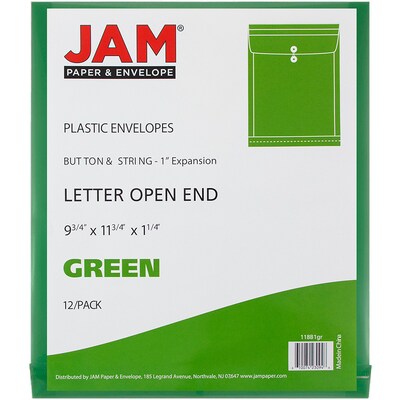 JAM Paper® Plastic Envelopes with Button and String Tie Closure, Letter Open End, 9.75 x 11.75, Green, 12/Pack (118B1GR)