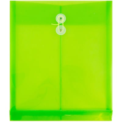 JAM Paper® Plastic Envelopes, Button and String Tie Closure, Letter Open End, 9.75 x 11.75, Lime Green Poly, 12/pack (1221561)
