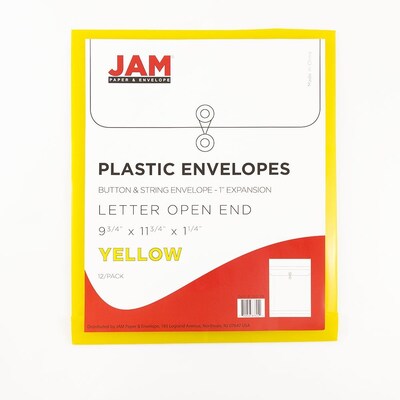 JAM Paper Plastic Envelopes with Button and String Tie Closure, Letter Size, Yellow, 12/Pack (1251501)