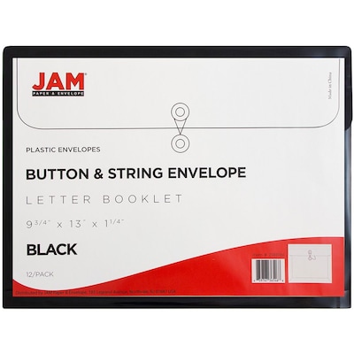 JAM Paper® Plastic Envelopes with Button and String Tie Closure, Letter Booklet, 9.75 x 13, Black, 12/Pack (218B1BL)