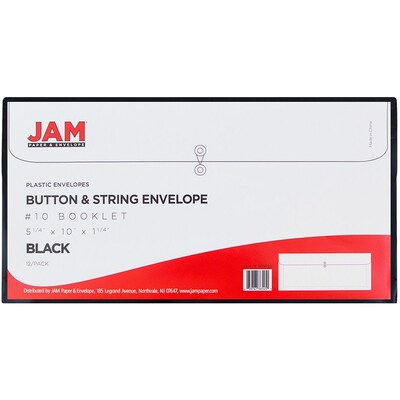 JAM Paper® #10 Plastic Envelopes with Button and String Tie Closure, 5 1/4 x 10, Black Poly, 12/pack (921B1BL)