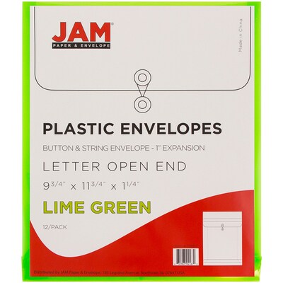 JAM Paper® Plastic Envelopes, Button and String Tie Closure, Letter Open End, 9.75 x 11.75, Lime Green Poly, 12/pack (118B1LI)