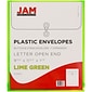 JAM Paper® Plastic Envelopes, Button and String Tie Closure, Letter Open End, 9.75 x 11.75, Lime Green Poly, 12/pack (118B1LI)