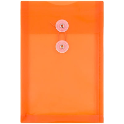 JAM Paper® Plastic Envelopes with Button and String Tie Closure, Open End, 6.25 x 9.25, Bright Orang