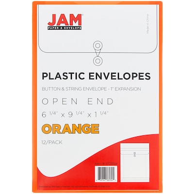 JAM Paper® Plastic Envelopes with Button and String Tie Closure, Open End, 6.25 x 9.25, Bright Orange Poly, 12/pack (472B1OR)