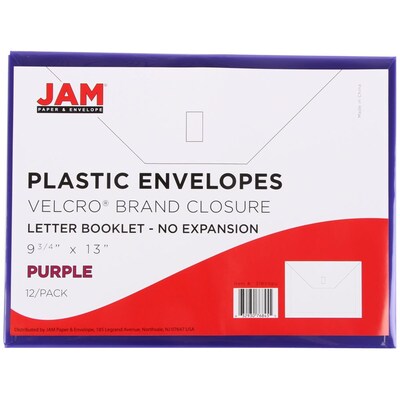 JAM Paper® Plastic Envelopes with Hook & Loop Closure, Letter Booklet, 9.75 x 13, Purple, 12/Pack (218V0PU)