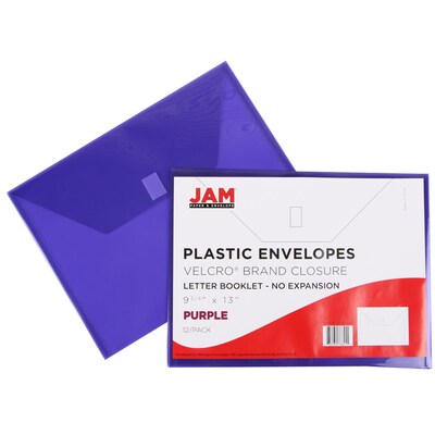 JAM Paper® Plastic Envelopes with Hook & Loop Closure, Letter Booklet, 9.75 x 13, Purple, 12/Pack (218V0PU)