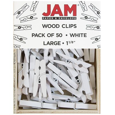 JAM Paper Wood Clip Medium Wood Clothespins, White Clothes Pins, 2 Packs of 50 (2230719109A)