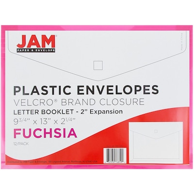 JAM Paper® Plastic Envelopes with Hook & Loop Closure, 2" Exp, Letter Booklet, 9.75" x 13", Fuchsia Pink Poly, 12/pack (218V2FU)