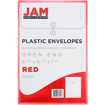 JAM Paper® Plastic Envelopes with Button and String Tie Closure, Open End, 6.25 x 9.25, Red Poly, 12/pack (472B1RE)