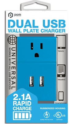 Pom Gear®  Charge2Go!™ Dual USB Wall Plate Charger; 2 Usb/1 Plug; Blue