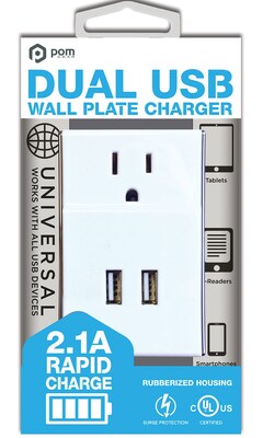 Pom Gear®  Charge2Go!™ Dual USB Wall Plate Charger; 2 Usb/1 Plug, White