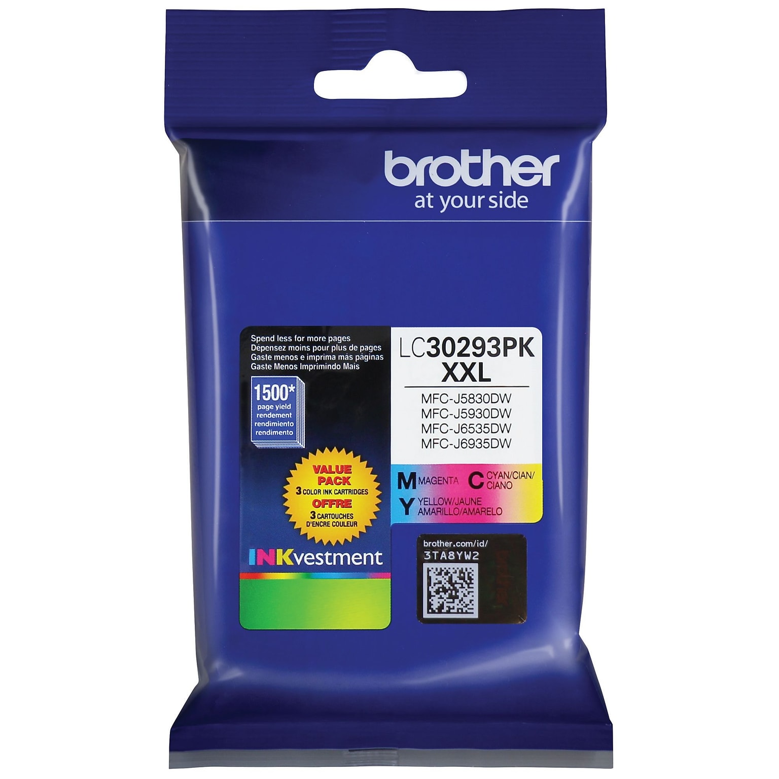 Brother LC30293PKS Cyan/Magenta/Yellow Extra High Yield Ink Cartridge, 3/Pack