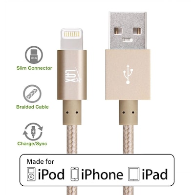 LAX Apple MFi Certified 4 Feet Strong Braided Lightning USB Data Synch Charging Cable, Gold