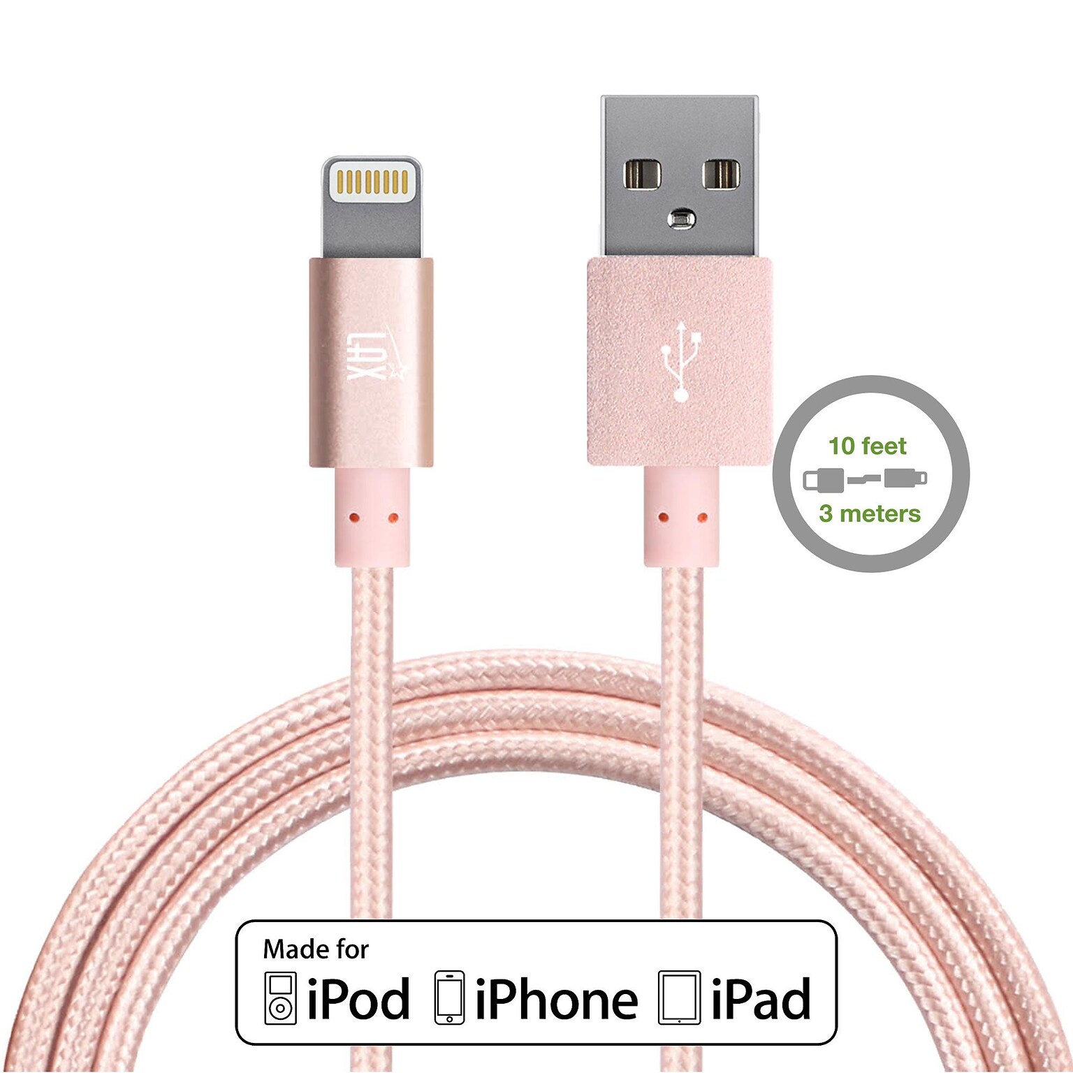 LAX Apple MFi Certified Lightning to USB Cable for Charge Sync 10ft, Rose Gold