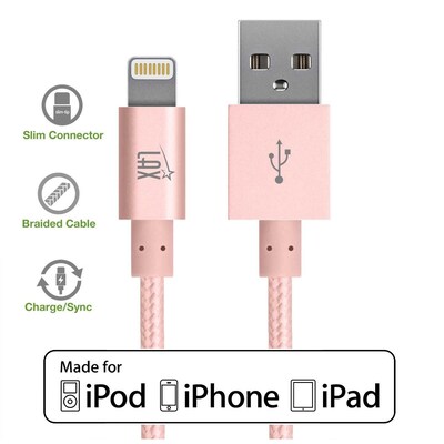 LAX Apple MFi Certified Lightning to USB Cable for Charge Sync 10ft, Rose Gold