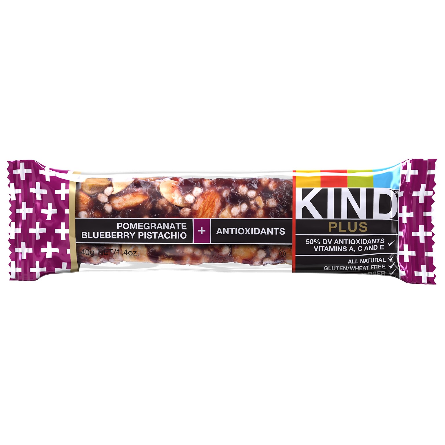 KIND Plus Nutrition Boost Bars, Pomegranate Blueberry Pistachio plus Antioxidants, Snack Bar, 1.4 oz (17221)